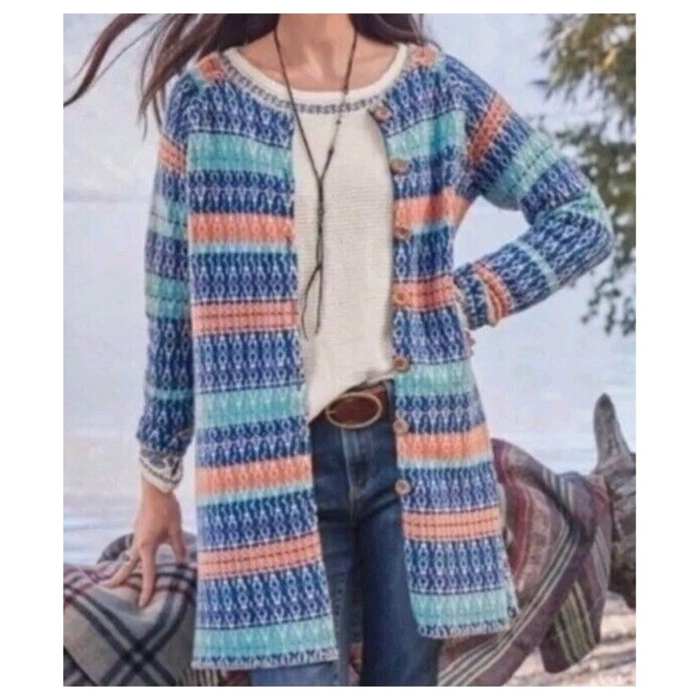 Sundance Shoreline Cardigan Women Medium Blue Multi Cotton Merino Wool Longline